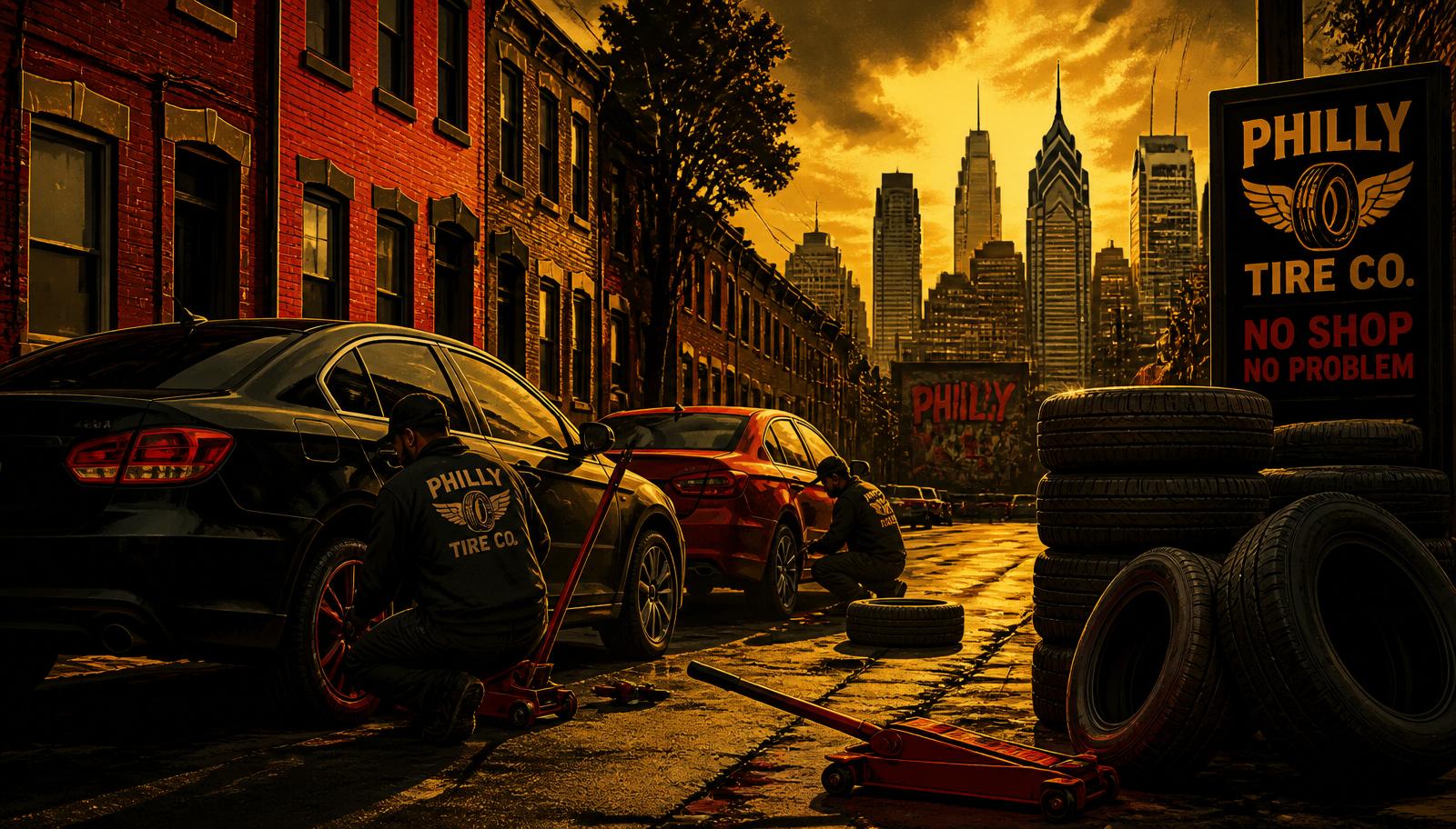 Philadelphia street scene — a tire crew changing flats curbside with the city skyline behind